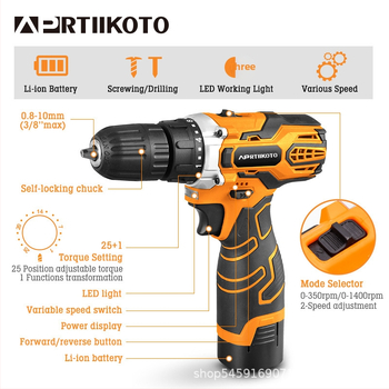 Lithiumová elektrická vŕtačka, pištoľový tvar, nabíjateľná Li‑Ion batéria, skľučovadlo s tromi čeľustami, kefový motor, smer vpred/vzad, pre domáce úpravy