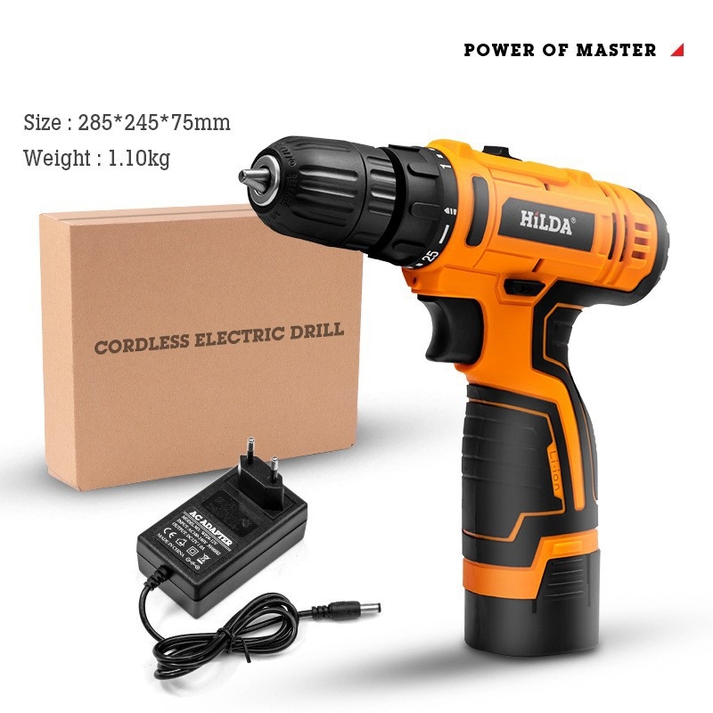 Li-ion akkumulátoros elektromos fúró, pisztolymintás, újratölthető, háromszárnyú tokmány, kefés motor, előre/ hátra, otthoni felújításokra