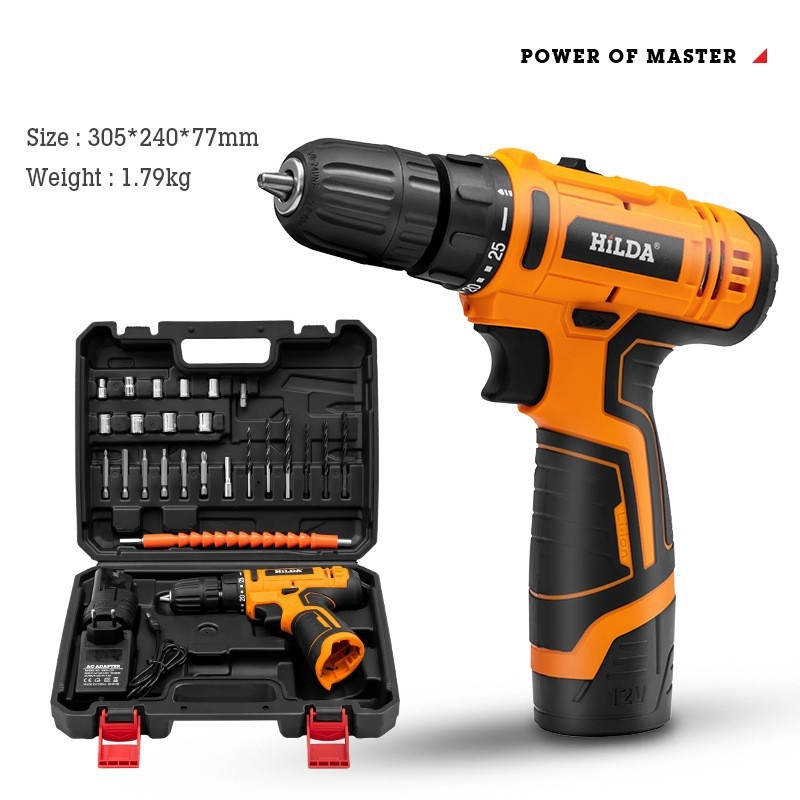 Li-ion akkumulátoros elektromos fúró, pisztolymintás, újratölthető, háromszárnyú tokmány, kefés motor, előre/ hátra, otthoni felújításokra