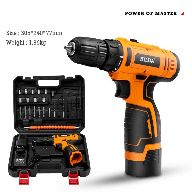 Li-ion akkumulátoros elektromos fúró, pisztolymintás, újratölthető, háromszárnyú tokmány, kefés motor, előre/ hátra, otthoni felújításokra