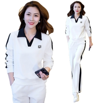 Дамски двубоен спортно-елегантен комплект с яка и панталони, геометричен принт, плат спандекс+полиестер, полиестер 90–95%, пролет 2024