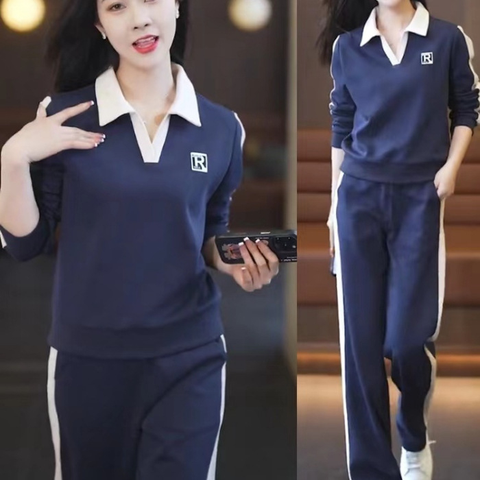 Дамски двубоен спортно-елегантен комплект с яка и панталони, геометричен принт, плат спандекс+полиестер, полиестер 90–95%, пролет 2024