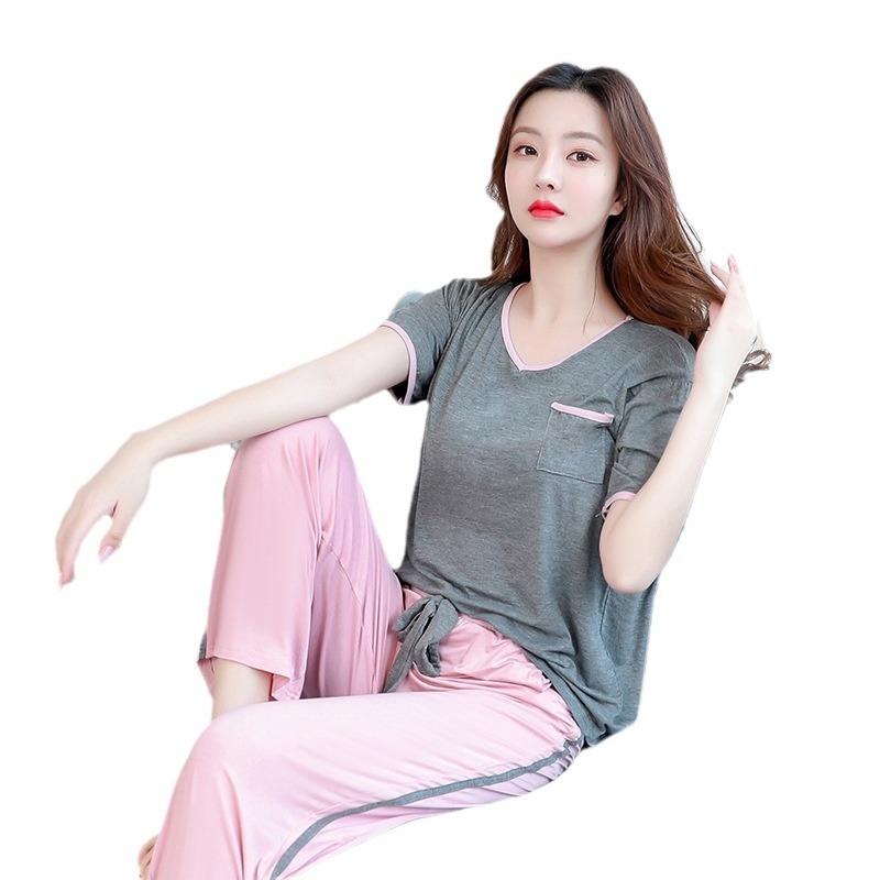 Modal naktsveļas komplekts vasarai, ar īsām piedurknēm topu un garām biksēm, V-veida kakla izgriezums, elpojošs