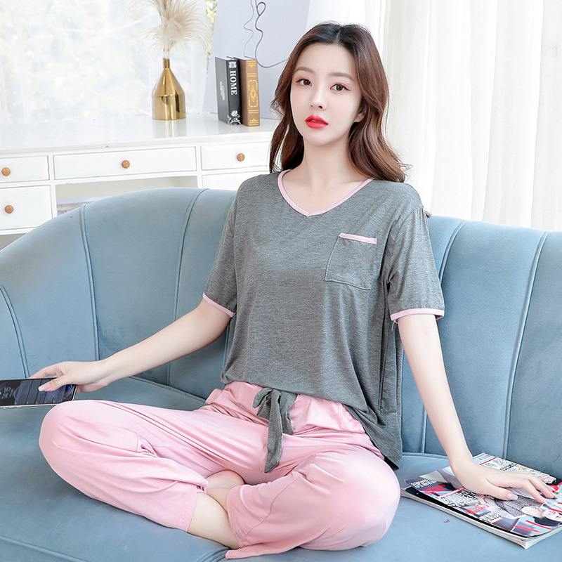 Modal naktsveļas komplekts vasarai, ar īsām piedurknēm topu un garām biksēm, V-veida kakla izgriezums, elpojošs