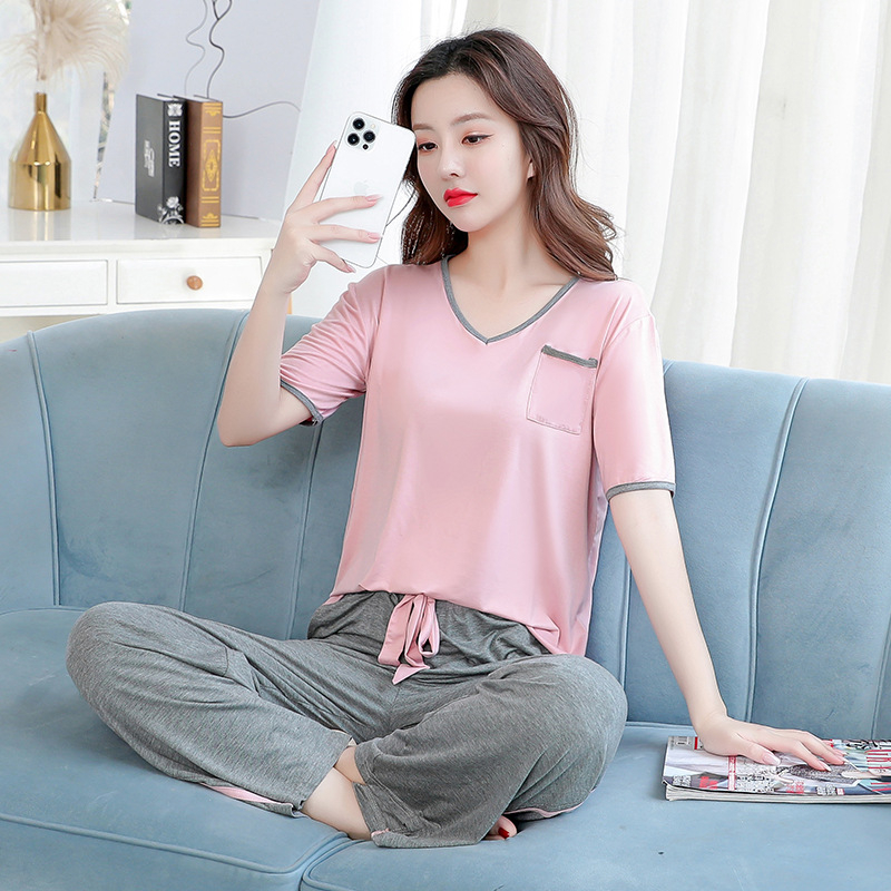 Modal naktsveļas komplekts vasarai, ar īsām piedurknēm topu un garām biksēm, V-veida kakla izgriezums, elpojošs