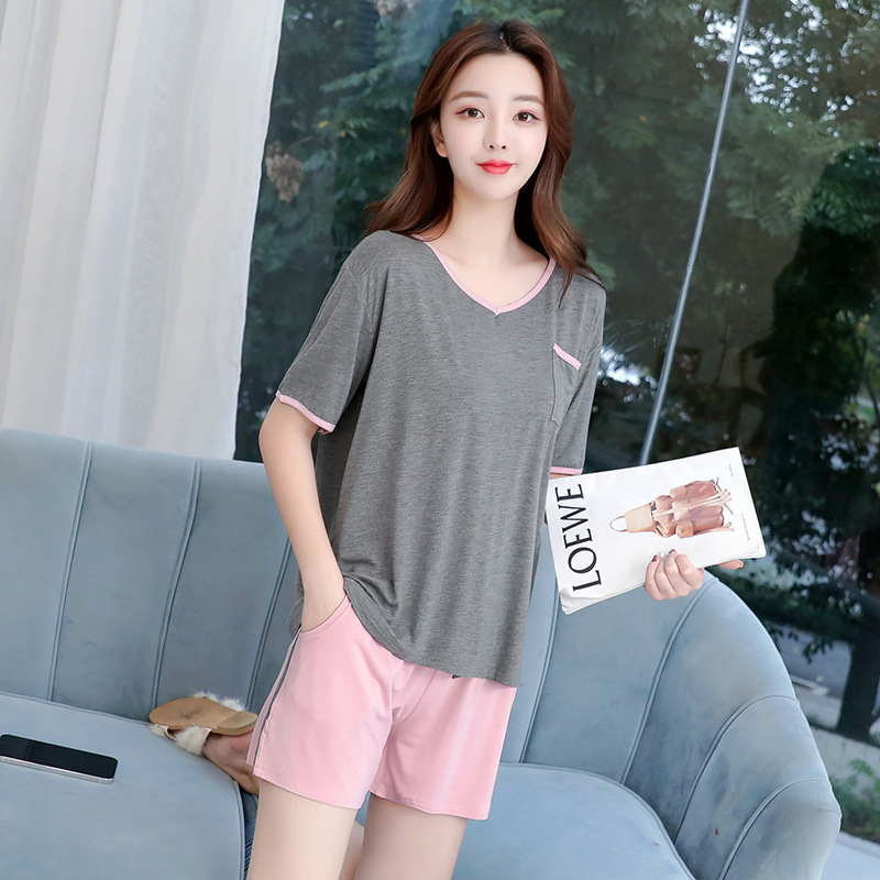 Modal naktsveļas komplekts vasarai, ar īsām piedurknēm topu un garām biksēm, V-veida kakla izgriezums, elpojošs