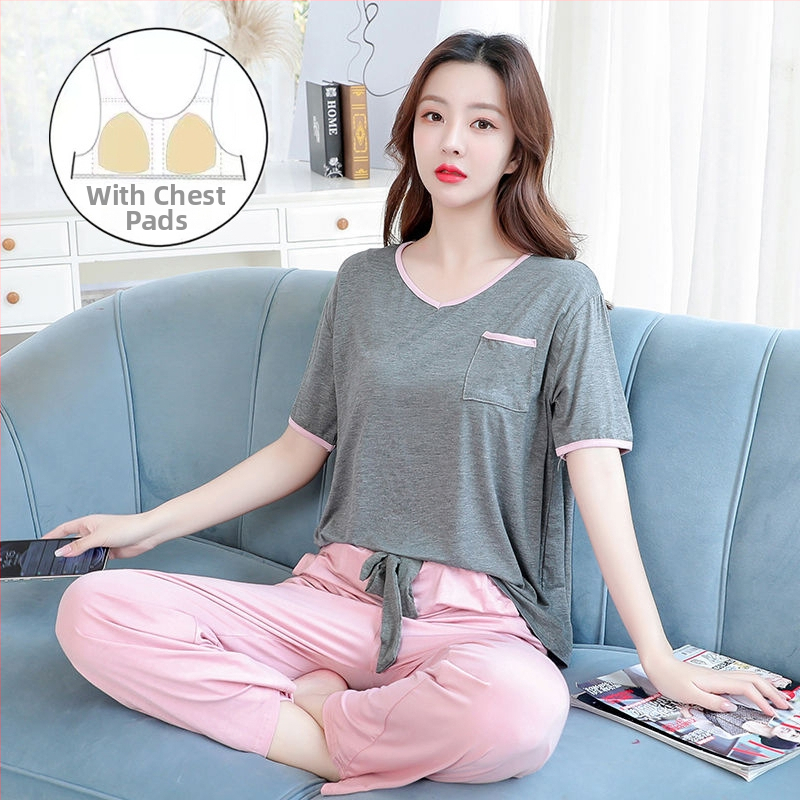 Modal naktsveļas komplekts vasarai, ar īsām piedurknēm topu un garām biksēm, V-veida kakla izgriezums, elpojošs