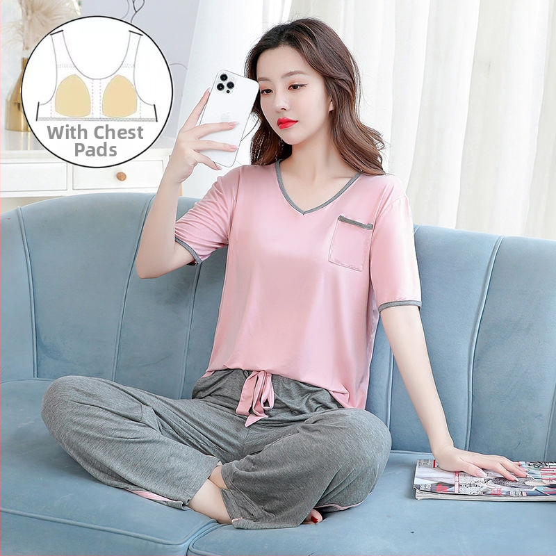 Modal naktsveļas komplekts vasarai, ar īsām piedurknēm topu un garām biksēm, V-veida kakla izgriezums, elpojošs