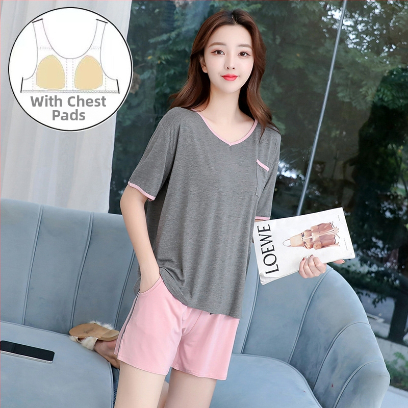 Modal naktsveļas komplekts vasarai, ar īsām piedurknēm topu un garām biksēm, V-veida kakla izgriezums, elpojošs