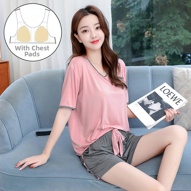 Modal naktsveļas komplekts vasarai, ar īsām piedurknēm topu un garām biksēm, V-veida kakla izgriezums, elpojošs