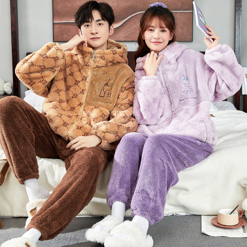 Pijama za par Half-Velvet za jesen-zimu, ekstra debeli materijal, dugi rukav i hlače