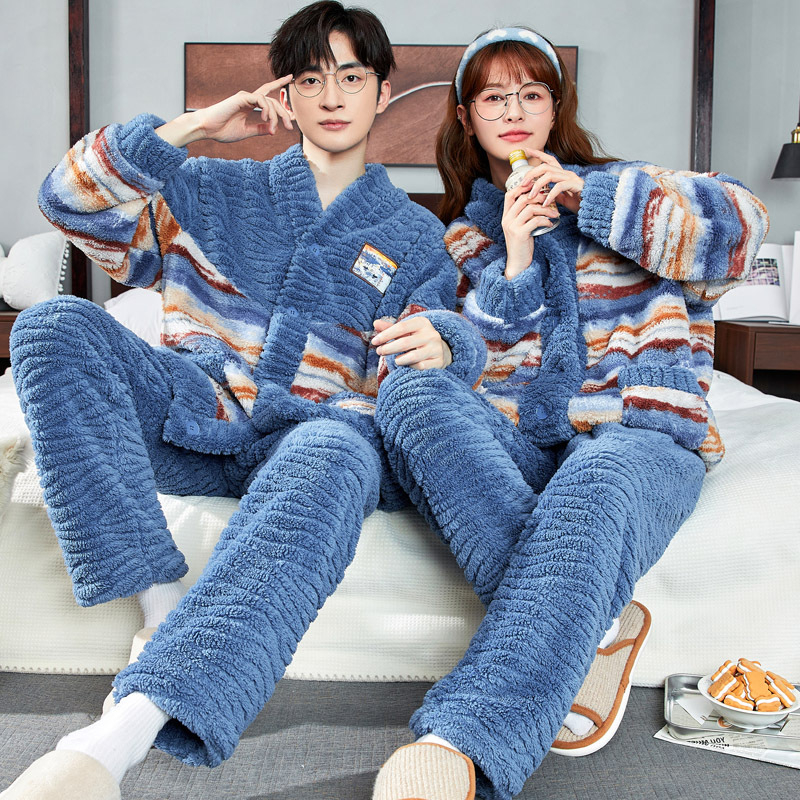 Pijama za par Half-Velvet za jesen-zimu, ekstra debeli materijal, dugi rukav i hlače
