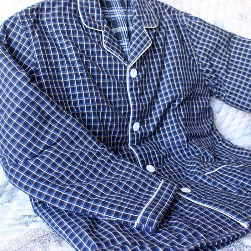 Pizama set s dugim rukavima i pantalonama, 100% pamuk, debeli, karirani uzorak s džepovima