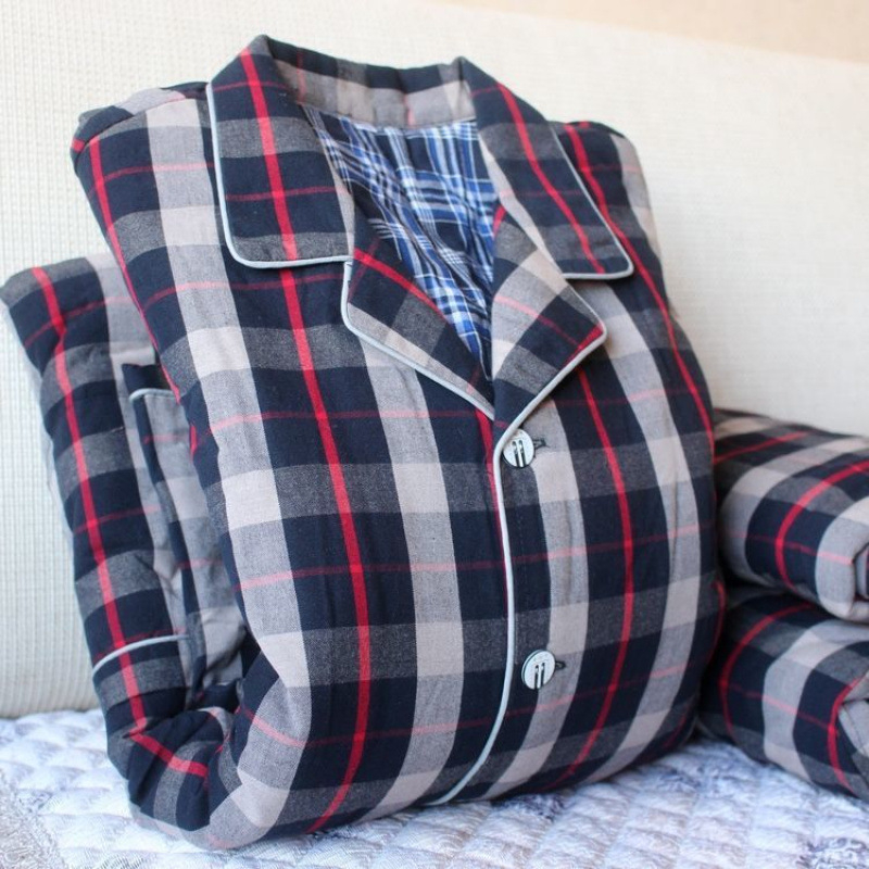 Pizama set s dugim rukavima i pantalonama, 100% pamuk, debeli, karirani uzorak s džepovima