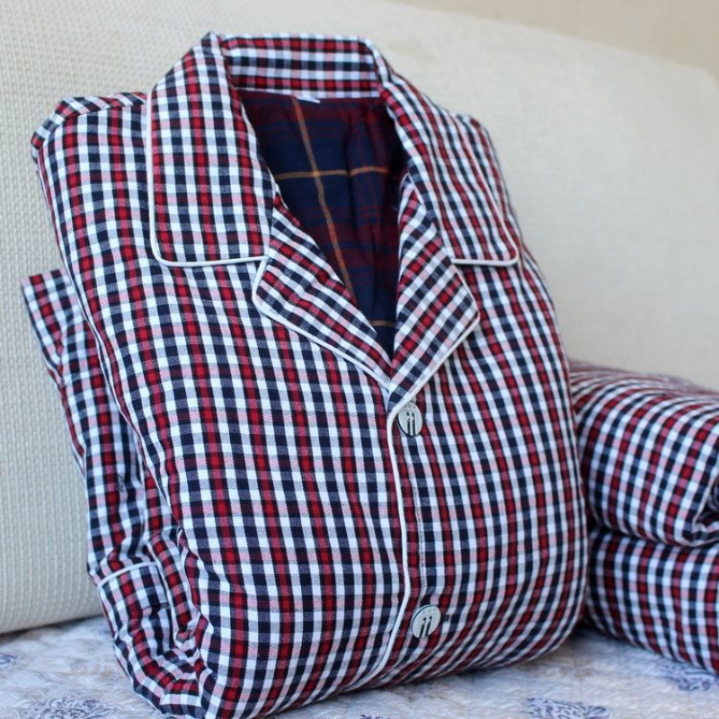 Pizama set s dugim rukavima i pantalonama, 100% pamuk, debeli, karirani uzorak s džepovima