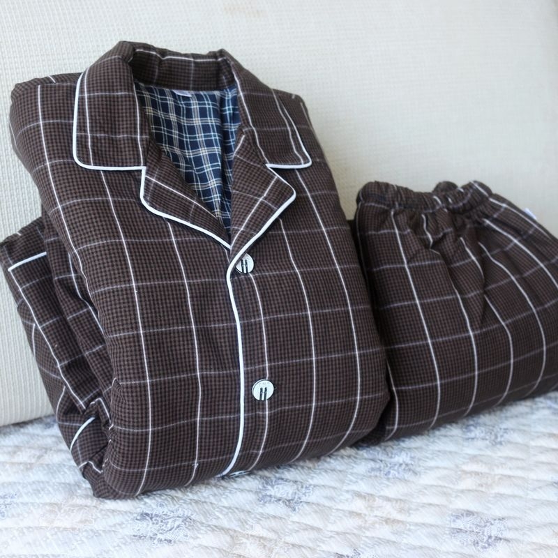 Pizama set s dugim rukavima i pantalonama, 100% pamuk, debeli, karirani uzorak s džepovima