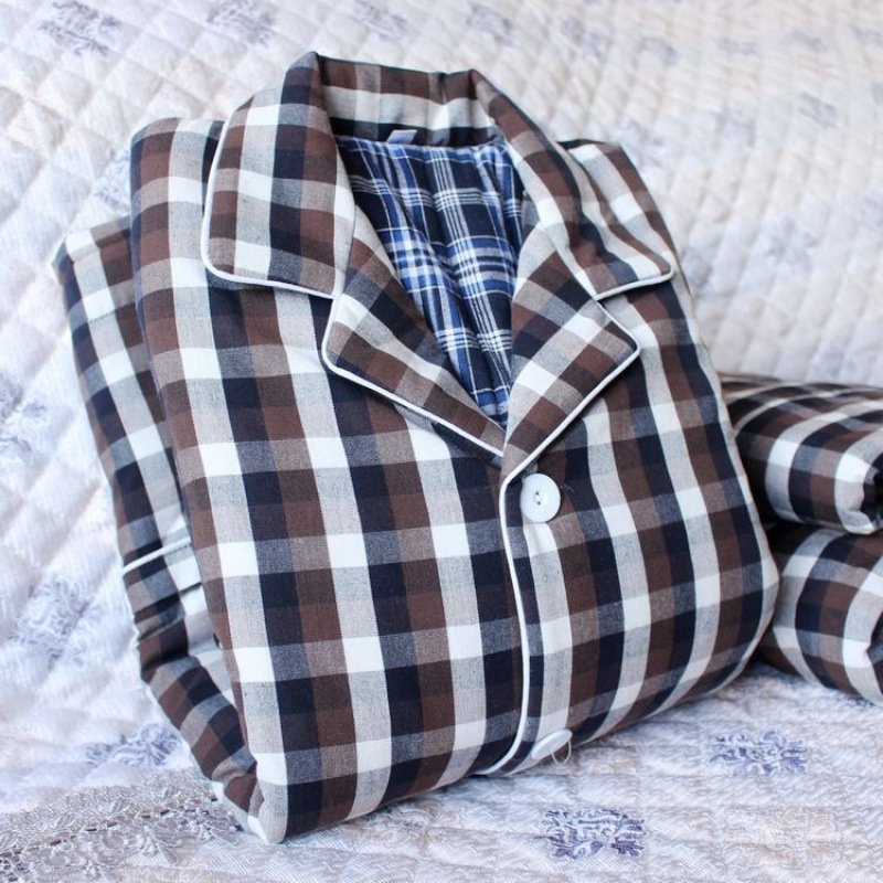 Pizama set s dugim rukavima i pantalonama, 100% pamuk, debeli, karirani uzorak s džepovima