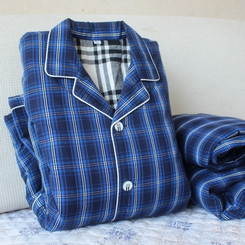 Pizama set s dugim rukavima i pantalonama, 100% pamuk, debeli, karirani uzorak s džepovima