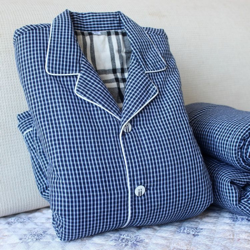 Pizama set s dugim rukavima i pantalonama, 100% pamuk, debeli, karirani uzorak s džepovima