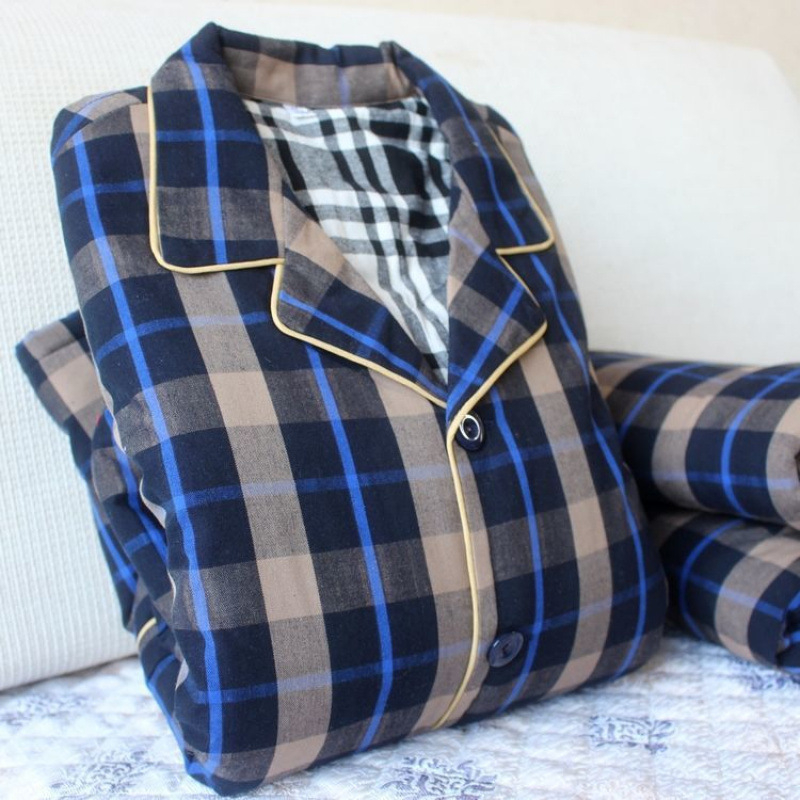 Pizama set s dugim rukavima i pantalonama, 100% pamuk, debeli, karirani uzorak s džepovima