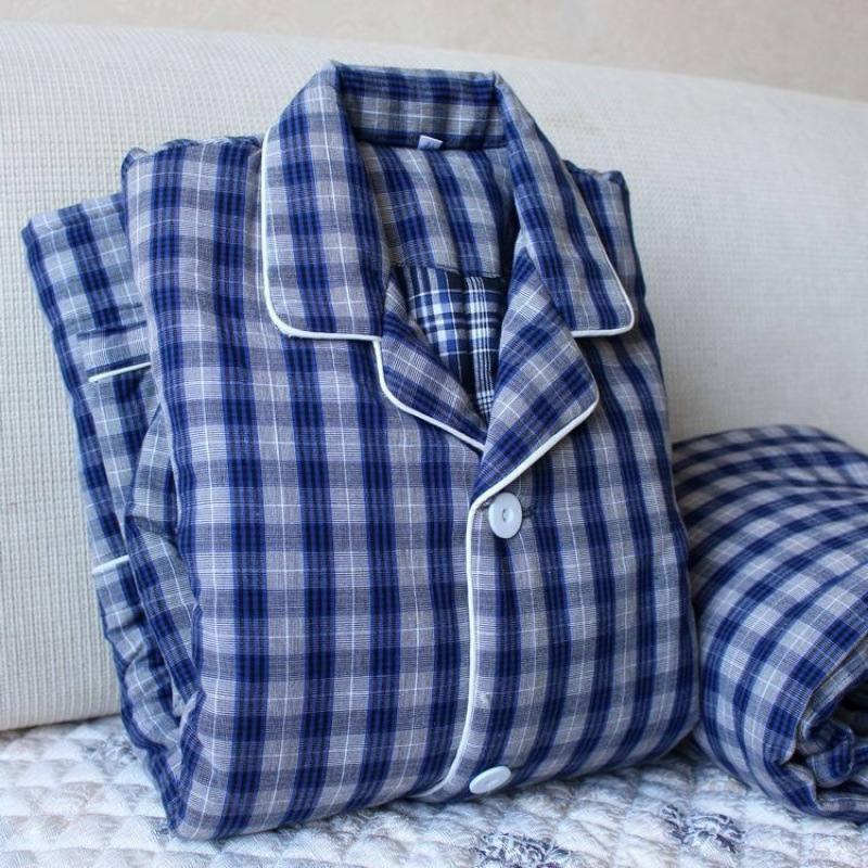 Pizama set s dugim rukavima i pantalonama, 100% pamuk, debeli, karirani uzorak s džepovima