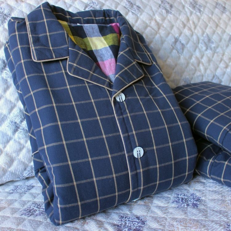 Pizama set s dugim rukavima i pantalonama, 100% pamuk, debeli, karirani uzorak s džepovima