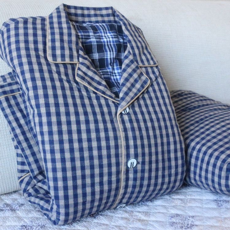 Pizama set s dugim rukavima i pantalonama, 100% pamuk, debeli, karirani uzorak s džepovima