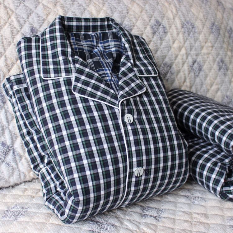 Pizama set s dugim rukavima i pantalonama, 100% pamuk, debeli, karirani uzorak s džepovima