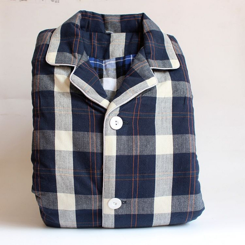 Pizama set s dugim rukavima i pantalonama, 100% pamuk, debeli, karirani uzorak s džepovima