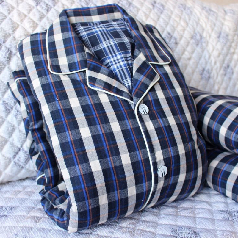 Pizama set s dugim rukavima i pantalonama, 100% pamuk, debeli, karirani uzorak s džepovima