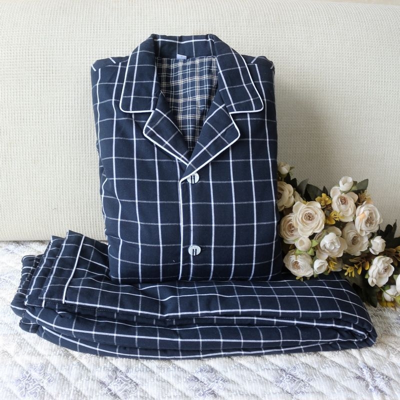 Pizama set s dugim rukavima i pantalonama, 100% pamuk, debeli, karirani uzorak s džepovima