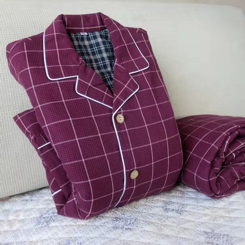 Pizama set s dugim rukavima i pantalonama, 100% pamuk, debeli, karirani uzorak s džepovima