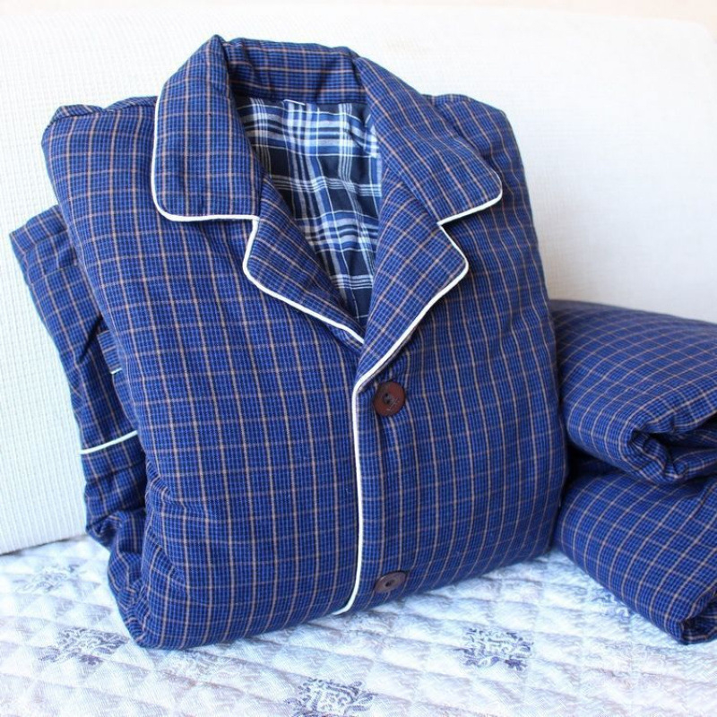 Pizama set s dugim rukavima i pantalonama, 100% pamuk, debeli, karirani uzorak s džepovima