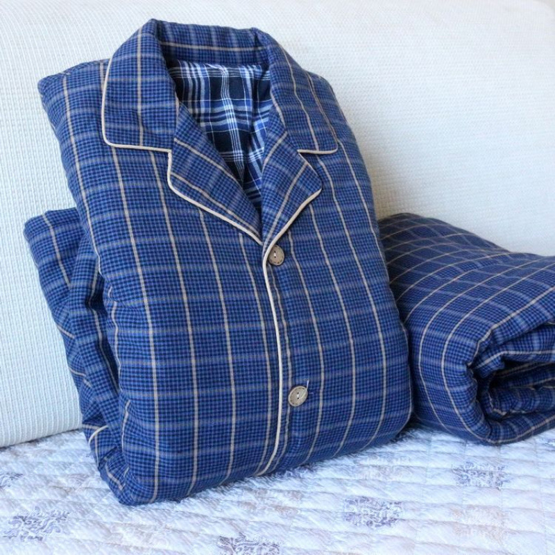 Pizama set s dugim rukavima i pantalonama, 100% pamuk, debeli, karirani uzorak s džepovima