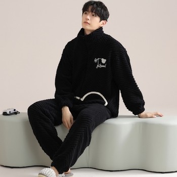 Zimski muški pidžama set s zipom: jacquard flanel, fleece podstava, stojeći ovratnik, dugi rukavi, hlače