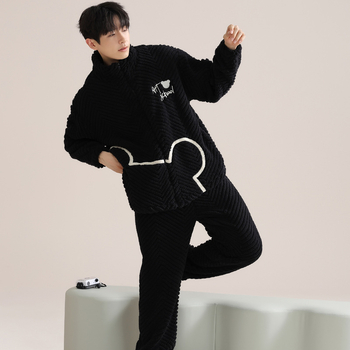 Zimski muški pidžama set s zipom: jacquard flanel, fleece podstava, stojeći ovratnik, dugi rukavi, hlače