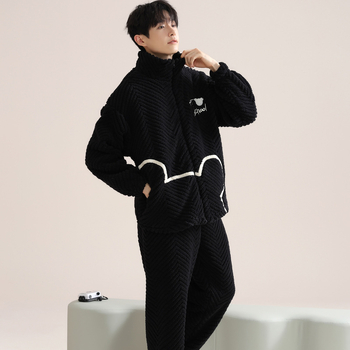 Zimski muški pidžama set s zipom: jacquard flanel, fleece podstava, stojeći ovratnik, dugi rukavi, hlače