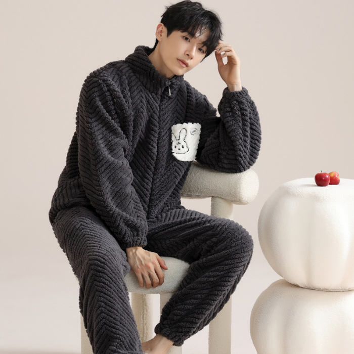Zimski muški pidžama set s zipom: jacquard flanel, fleece podstava, stojeći ovratnik, dugi rukavi, hlače