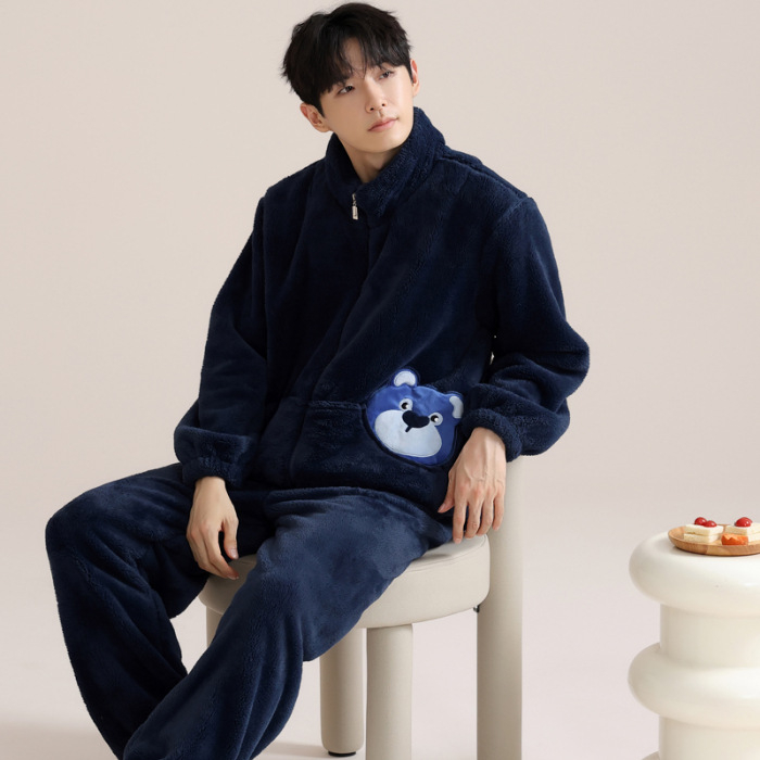 Zimski muški pidžama set s zipom: jacquard flanel, fleece podstava, stojeći ovratnik, dugi rukavi, hlače