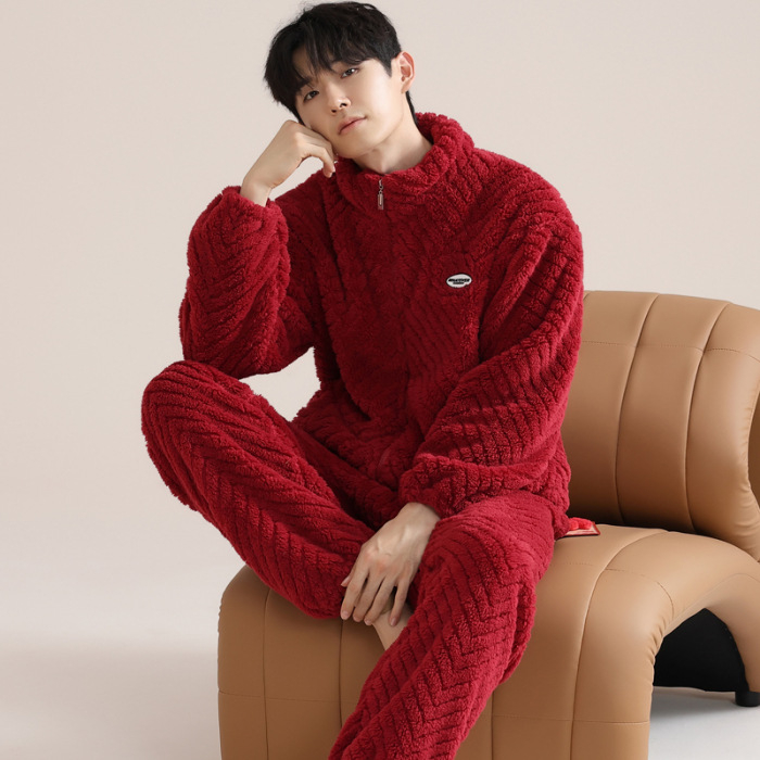 Zimski muški pidžama set s zipom: jacquard flanel, fleece podstava, stojeći ovratnik, dugi rukavi, hlače