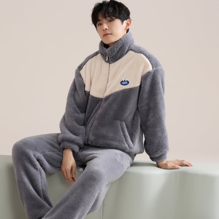 Zimski muški pidžama set s zipom: jacquard flanel, fleece podstava, stojeći ovratnik, dugi rukavi, hlače