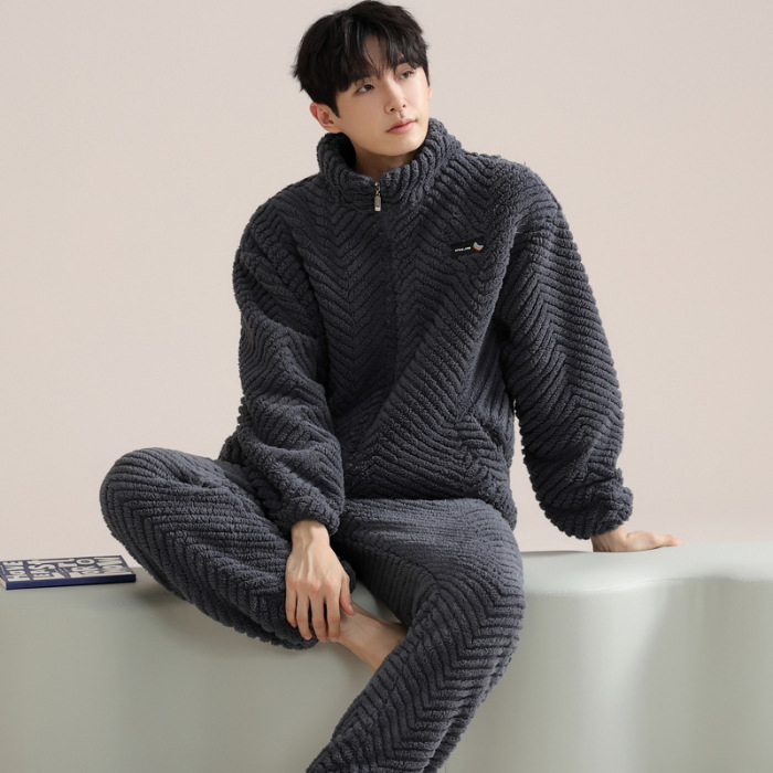 Zimski muški pidžama set s zipom: jacquard flanel, fleece podstava, stojeći ovratnik, dugi rukavi, hlače