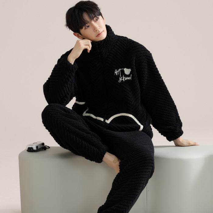 Zimski muški pidžama set s zipom: jacquard flanel, fleece podstava, stojeći ovratnik, dugi rukavi, hlače