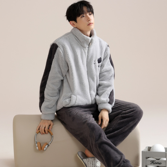 Zimski muški pidžama set s zipom: jacquard flanel, fleece podstava, stojeći ovratnik, dugi rukavi, hlače
