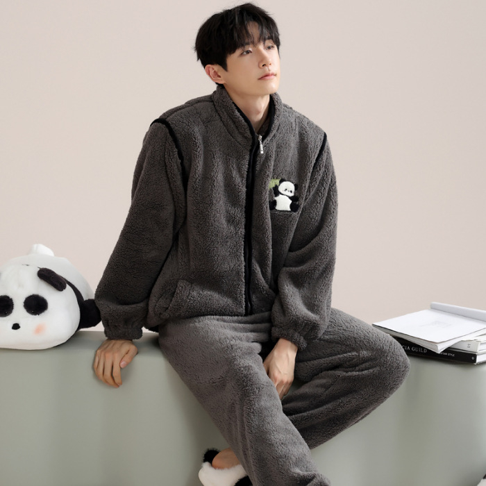 Zimski muški pidžama set s zipom: jacquard flanel, fleece podstava, stojeći ovratnik, dugi rukavi, hlače
