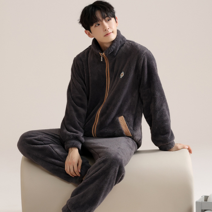 Zimski muški pidžama set s zipom: jacquard flanel, fleece podstava, stojeći ovratnik, dugi rukavi, hlače