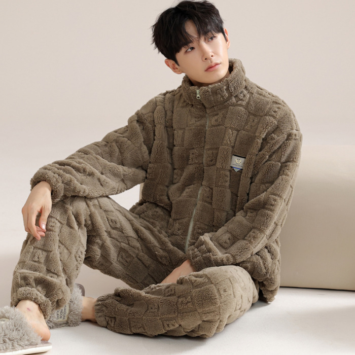Zimski muški pidžama set s zipom: jacquard flanel, fleece podstava, stojeći ovratnik, dugi rukavi, hlače