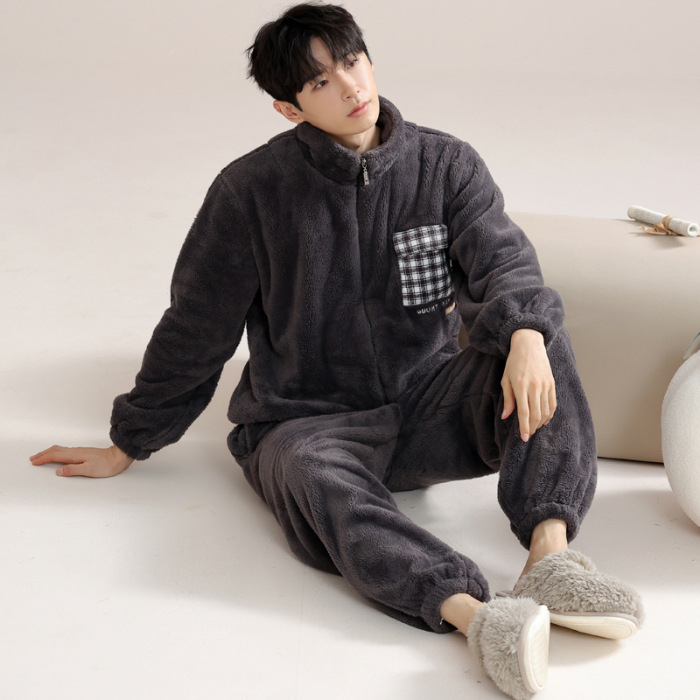 Zimski muški pidžama set s zipom: jacquard flanel, fleece podstava, stojeći ovratnik, dugi rukavi, hlače