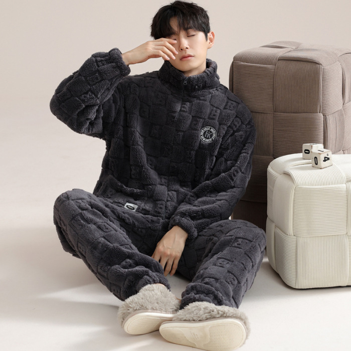 Zimski muški pidžama set s zipom: jacquard flanel, fleece podstava, stojeći ovratnik, dugi rukavi, hlače