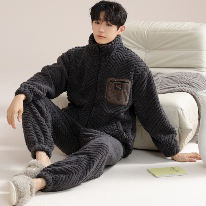 Zimski muški pidžama set s zipom: jacquard flanel, fleece podstava, stojeći ovratnik, dugi rukavi, hlače